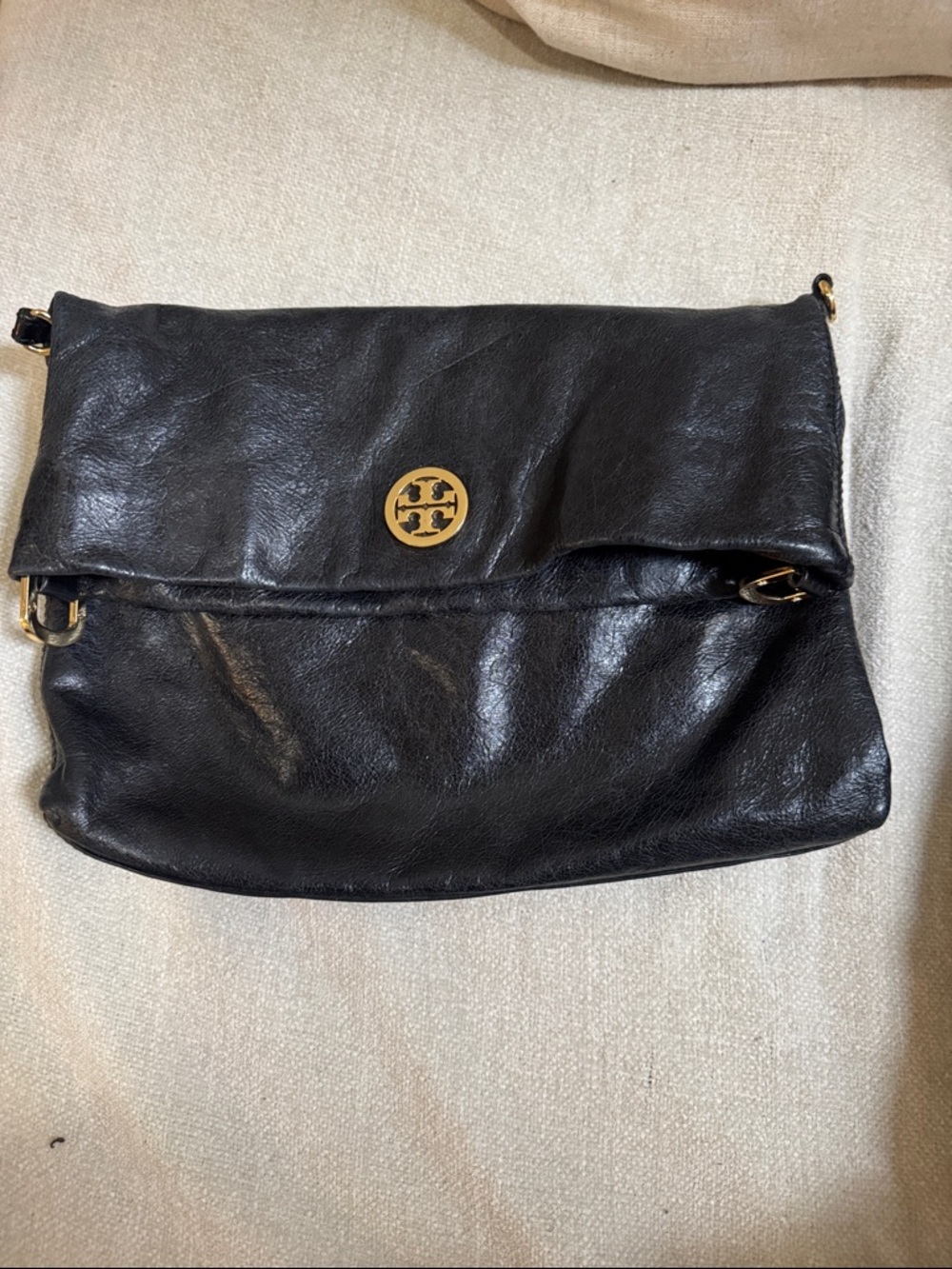 Tory Burch Black Leather Fold-Over Crossbody with Gold Emblem